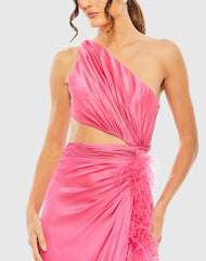 Pink One Shoulder Key Hole Detail With Feather Lining