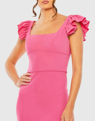 Pink Ruffle Cap Sleeve Open Back Column Gown