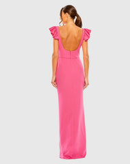 Pink Ruffle Cap Sleeve Open Back Column Gown