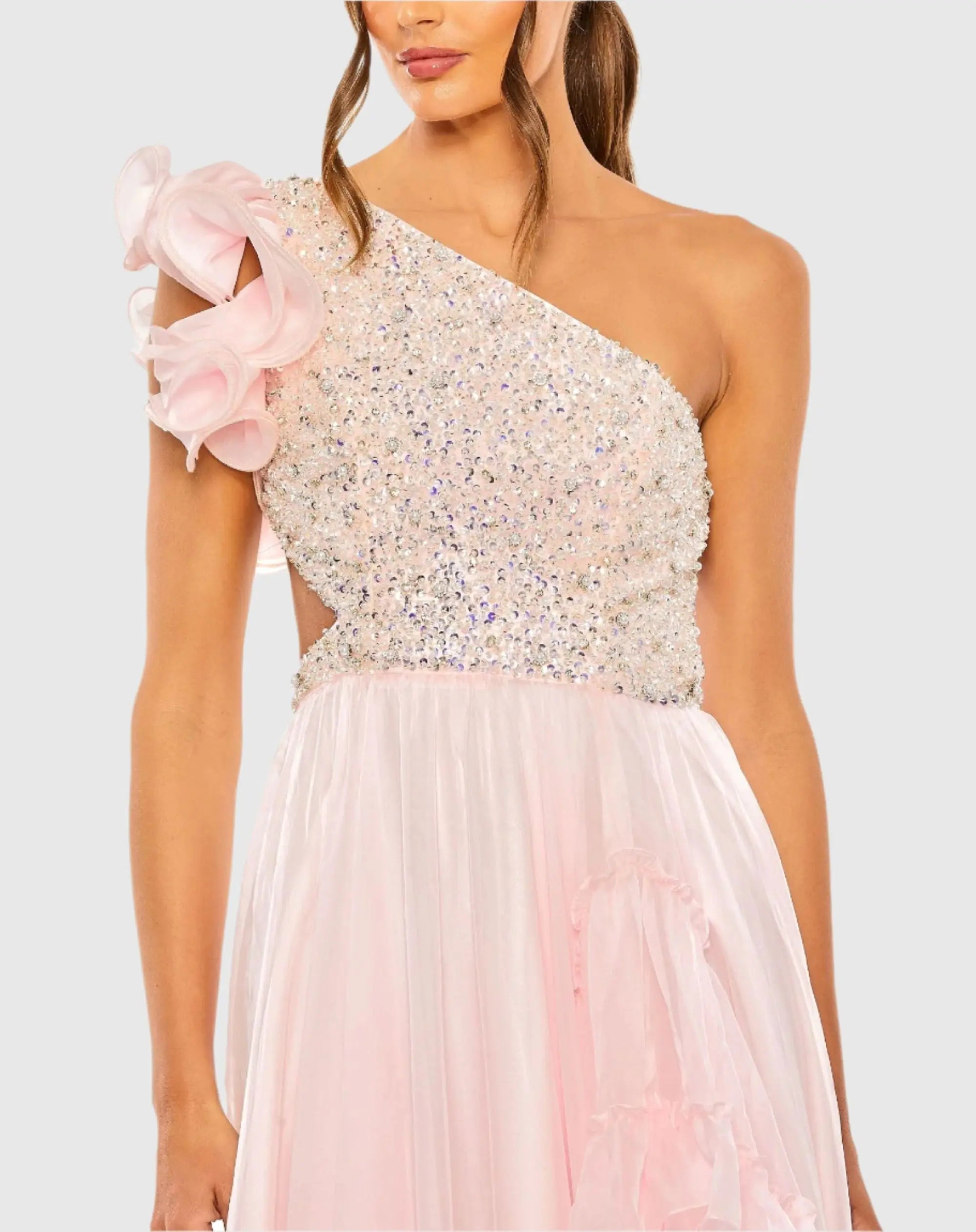 Pink Ruffled One Shoulder Embellished Lace Up Gown