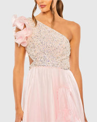 Pink Ruffled One Shoulder Embellished Lace Up Gown