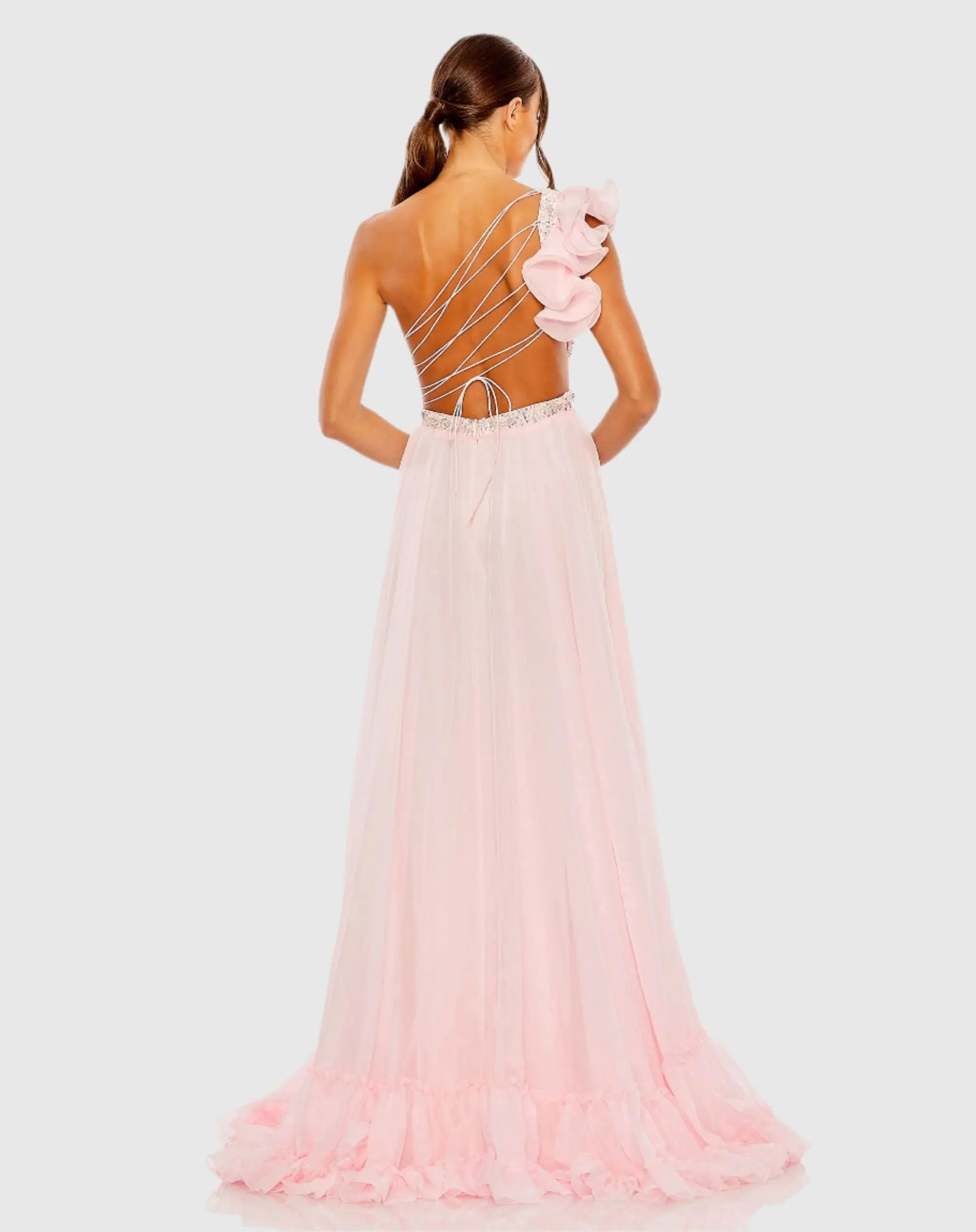 Pink Ruffled One Shoulder Embellished Lace Up Gown