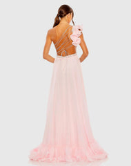 Pink Ruffled One Shoulder Embellished Lace Up Gown