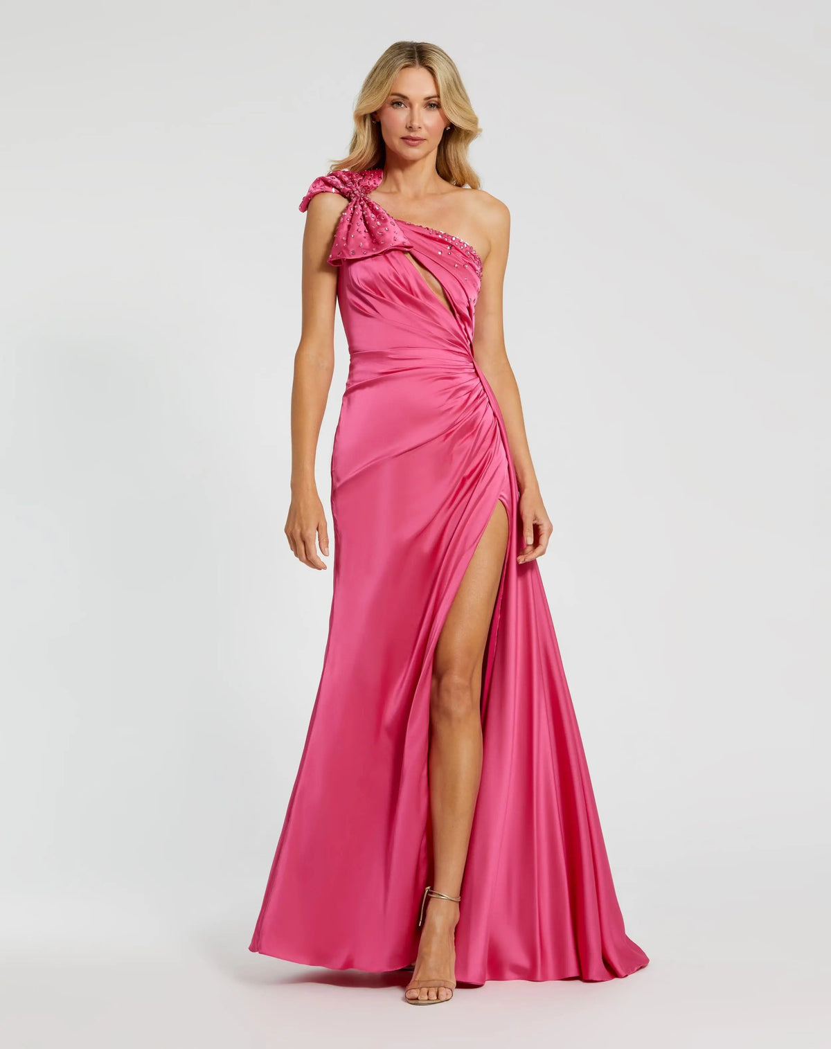 Pink Satin One Shoulder Gown w/ Embellished Bow