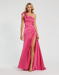 Pink Satin One Shoulder Gown w/ Embellished Bow
