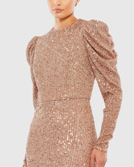 Pink Sequined High Neck Puff Long Sleeve Column Gown
