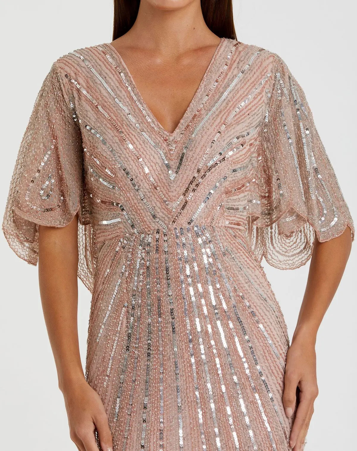 Pink Sequined V Neck Cape Sleeve Gown
