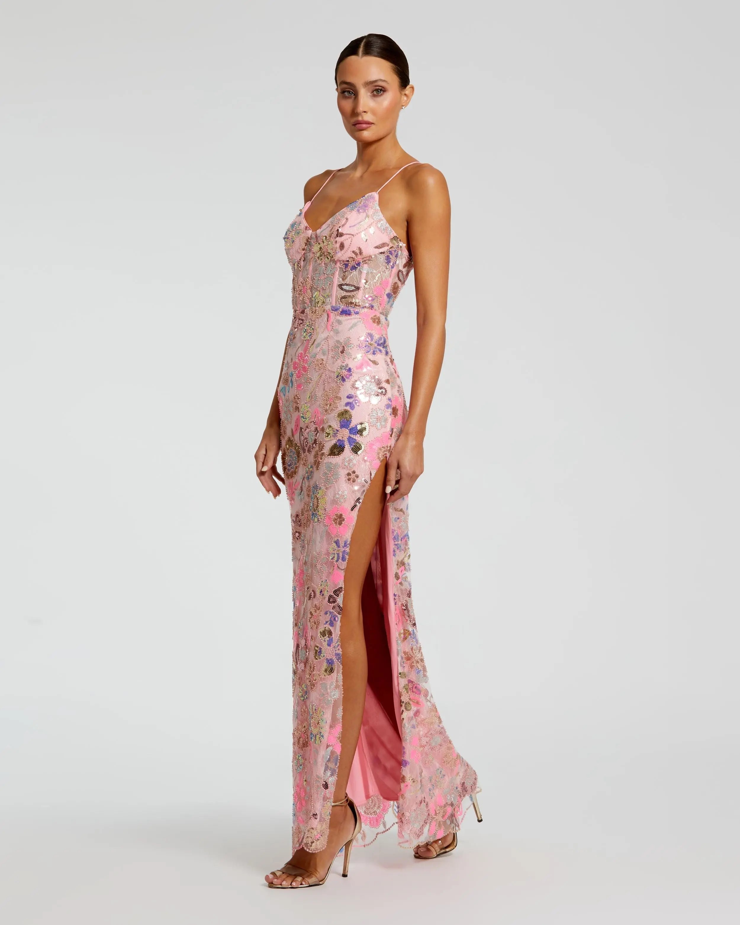 Pink Spaghetti Strap Bustier Applique Gown with Slit