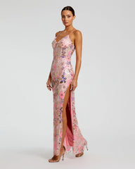 Pink Spaghetti Strap Bustier Applique Gown with Slit