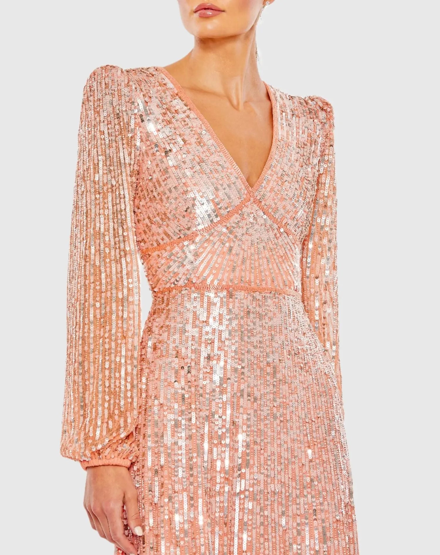 Pink V Neck Empire Waist Puff Shoulder Sequin Embellished Gown