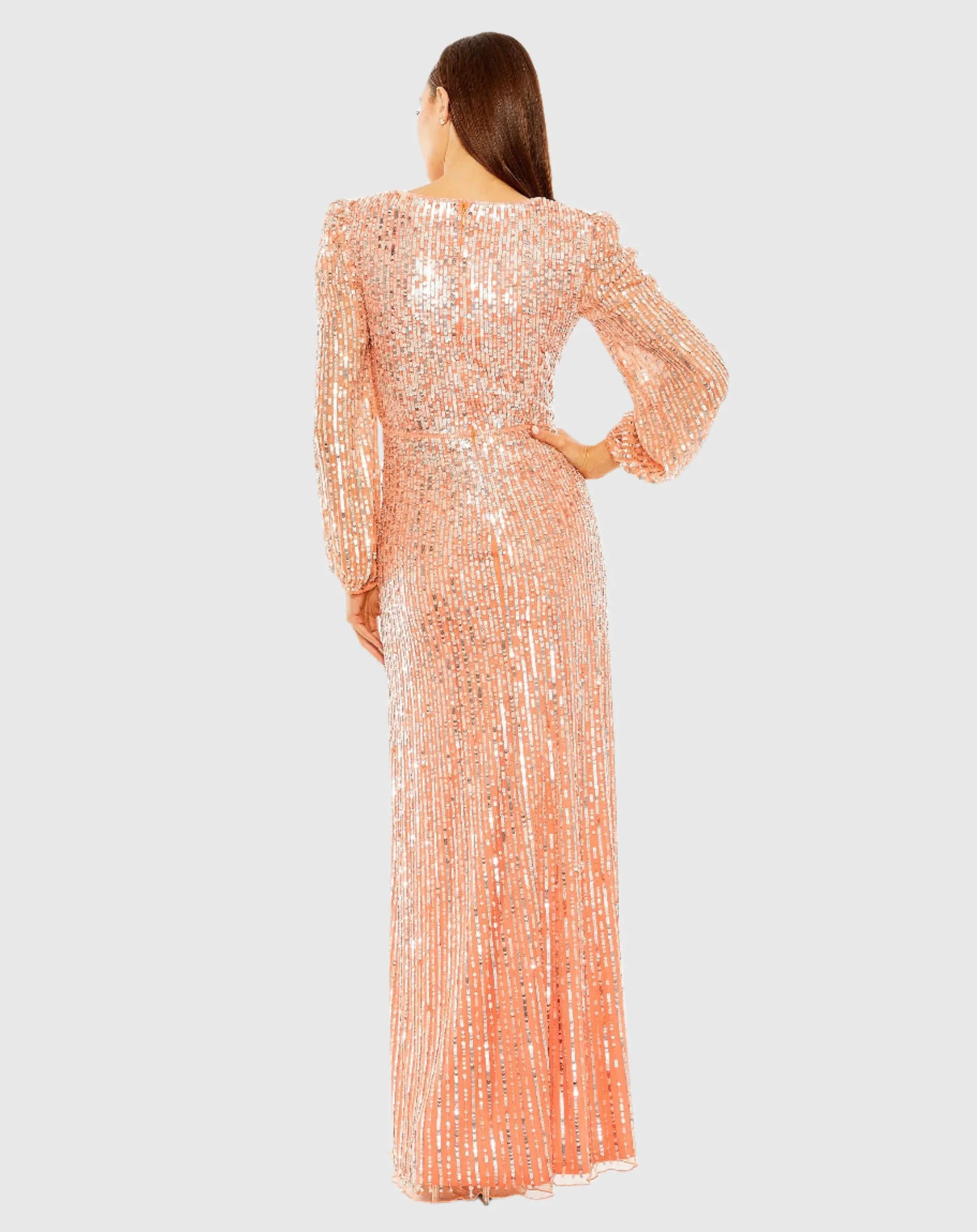 Pink V Neck Empire Waist Puff Shoulder Sequin Embellished Gown
