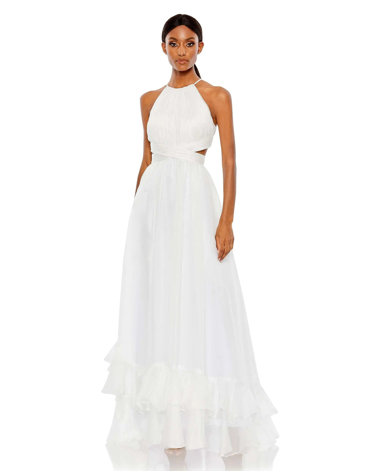 White Pleated Criss Cross Cut-Out Halter Neck Gown