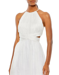 White Pleated Criss Cross Cut-Out Halter Neck Gown