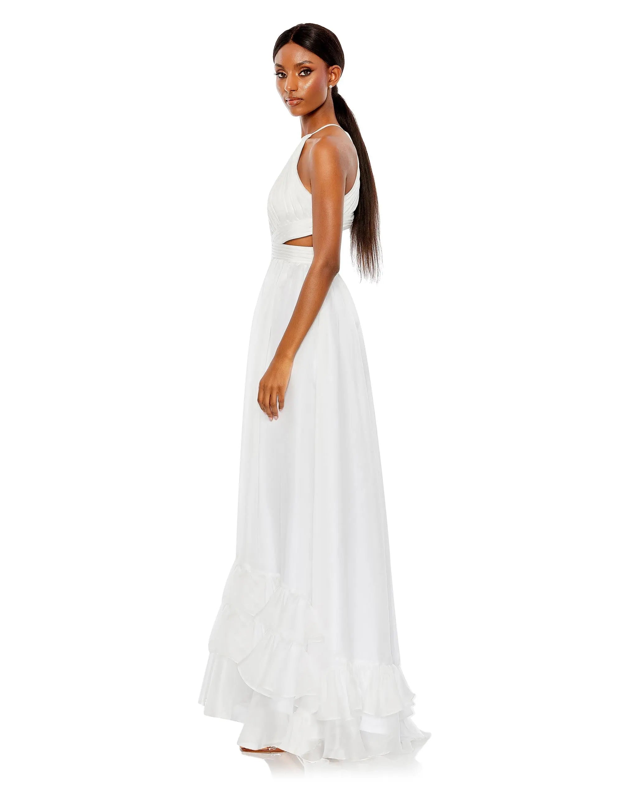 White Pleated Criss Cross Cut-Out Halter Neck Gown