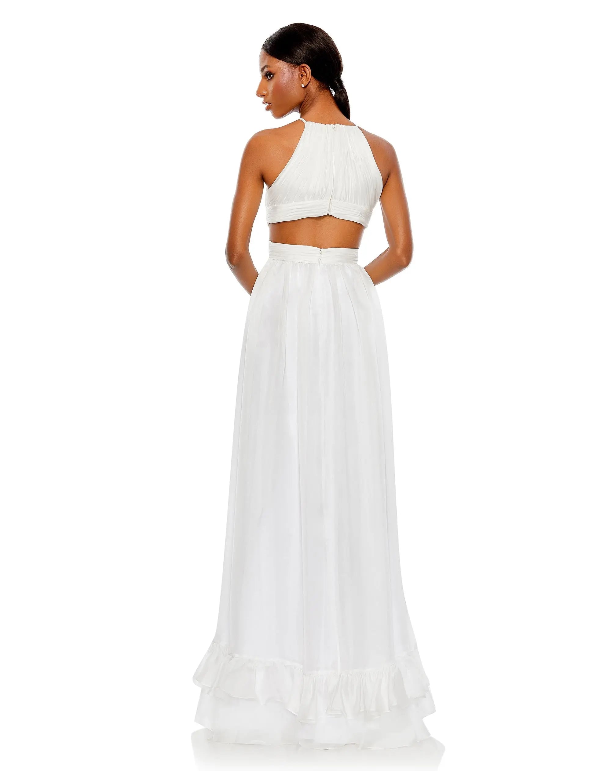 White Pleated Criss Cross Cut-Out Halter Neck Gown