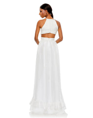 White Pleated Criss Cross Cut-Out Halter Neck Gown
