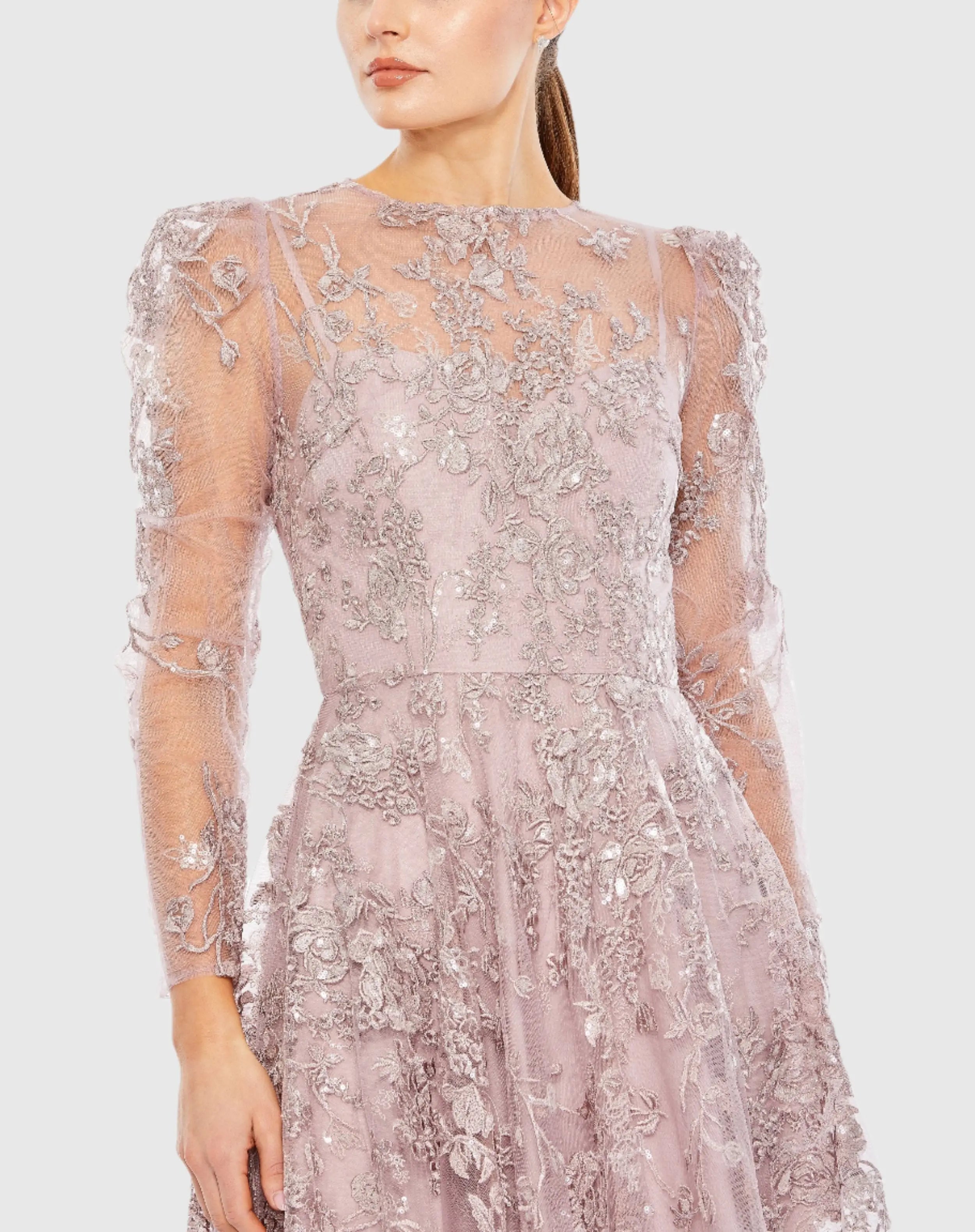 Purple Embroidered Illusion High Neck A Line Dress