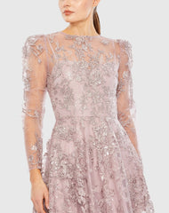 Purple Embroidered Illusion High Neck A Line Dress