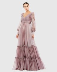 Purple Faux Wrap Illusion Bishop Sleeve Tiered Gown