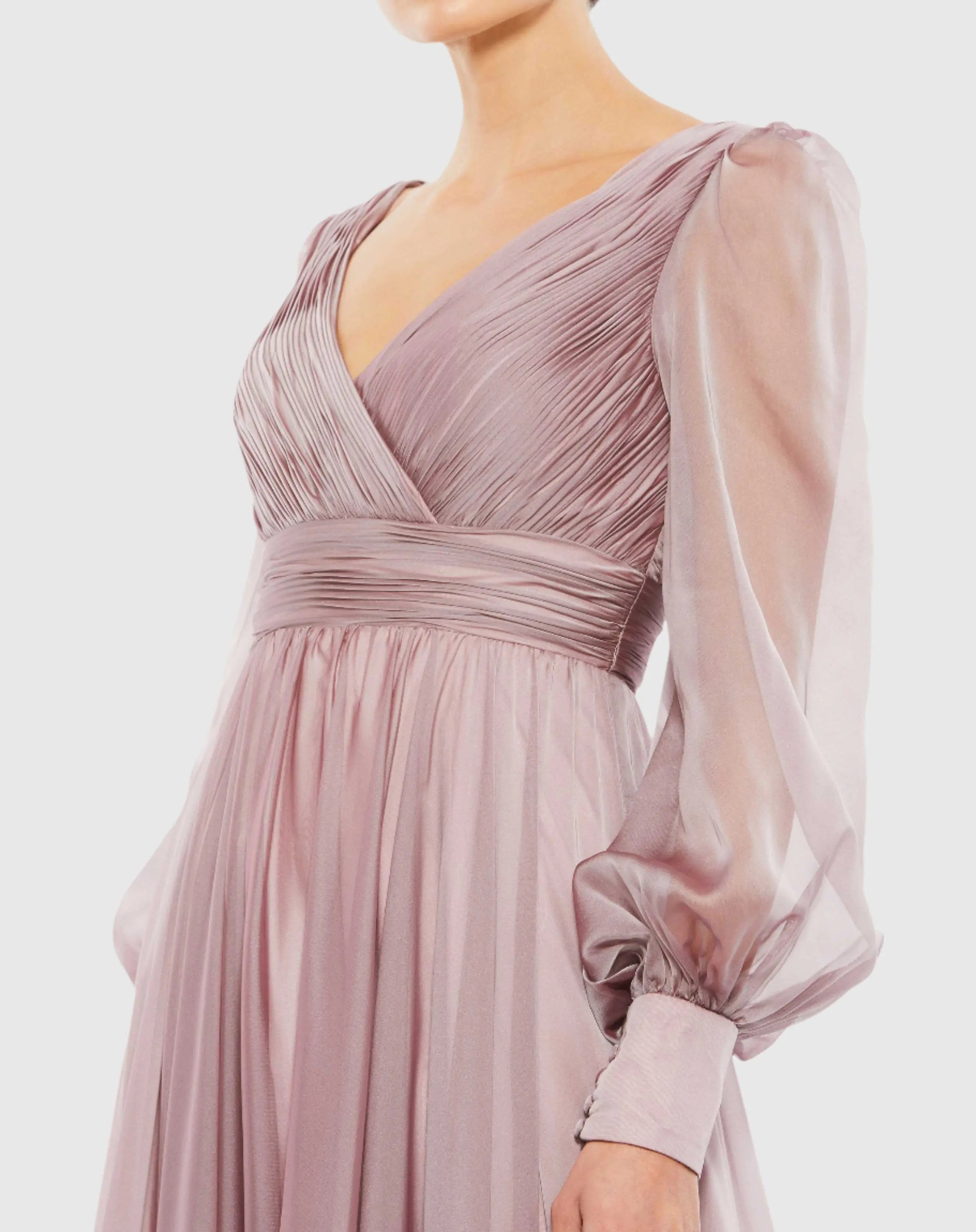 Purple Faux Wrap Illusion Bishop Sleeve Tiered Gown