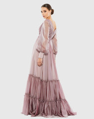 Purple Faux Wrap Illusion Bishop Sleeve Tiered Gown