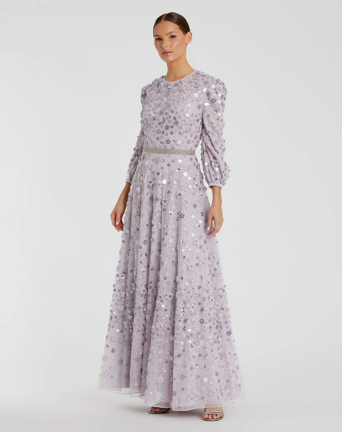 Purple Floral Applique Puff Sleeve High Neck A-Line Gown