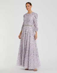 Purple Floral Applique Puff Sleeve High Neck A-Line Gown