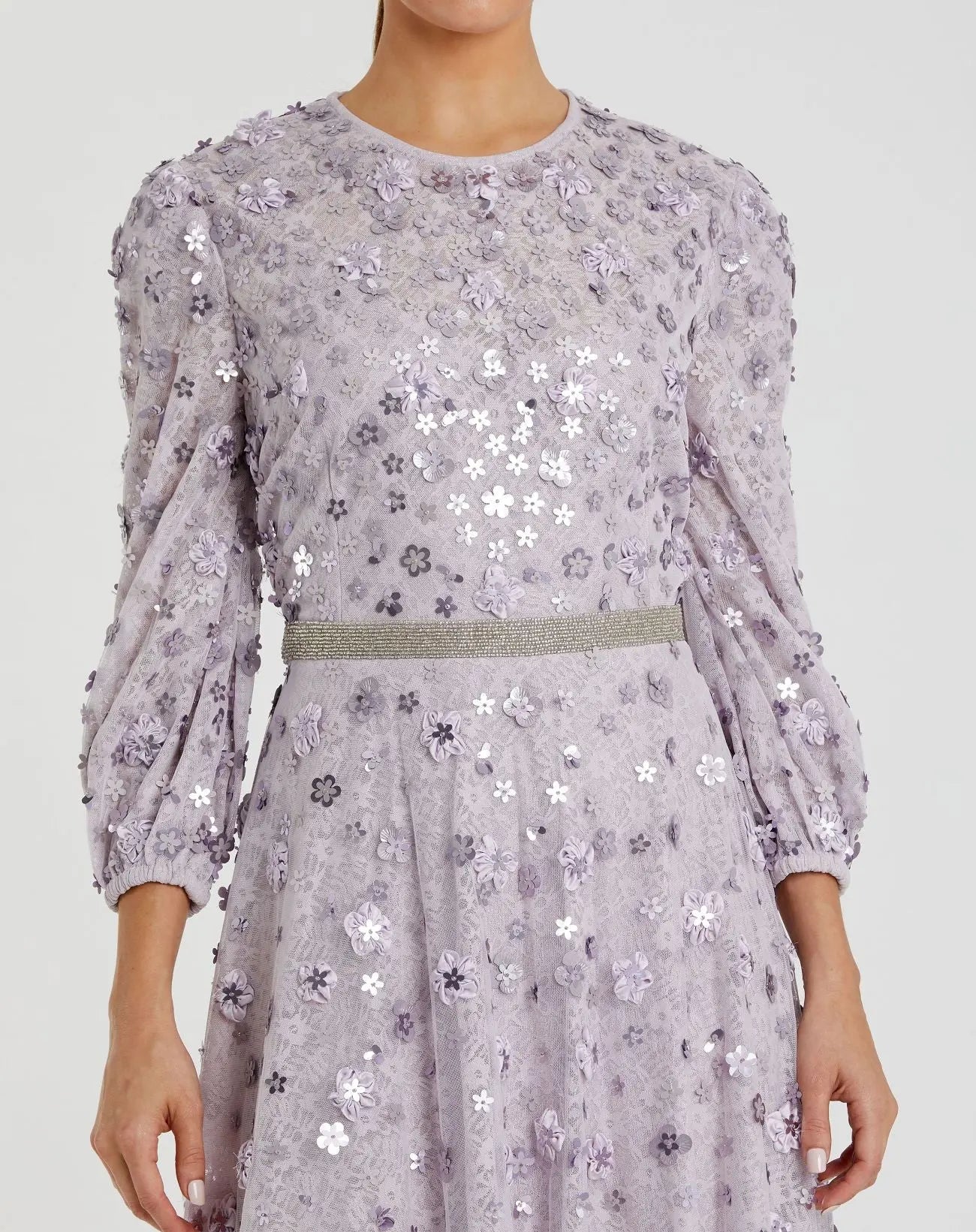 Purple Floral Applique Puff Sleeve High Neck A-Line Gown