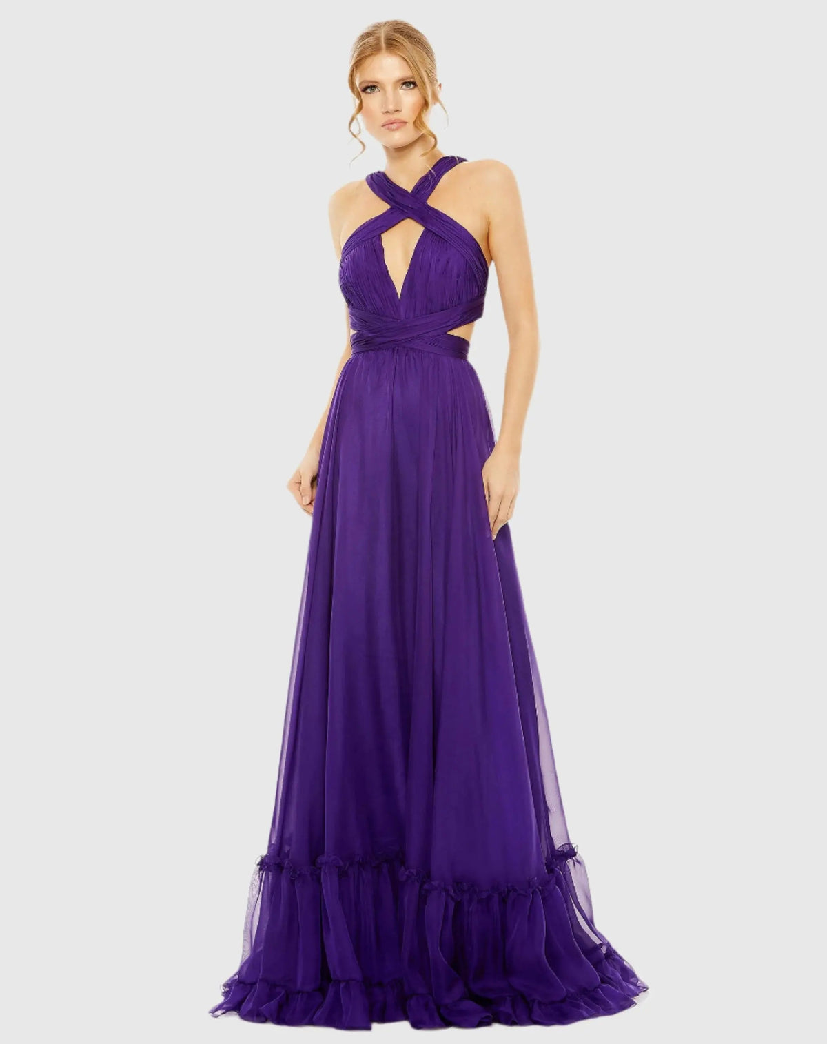 Purple Halter Cutout Keyhole Tiered Gown