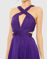 Purple Halter Cutout Keyhole Tiered Gown