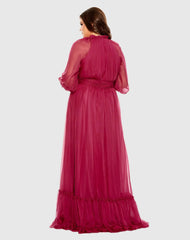 Purple High Neck Puff Sleeve Tiered A Line Gown (Plus)