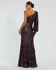 Purple Sequined One Shoulder Bishop Sleeve Trumpet Gown