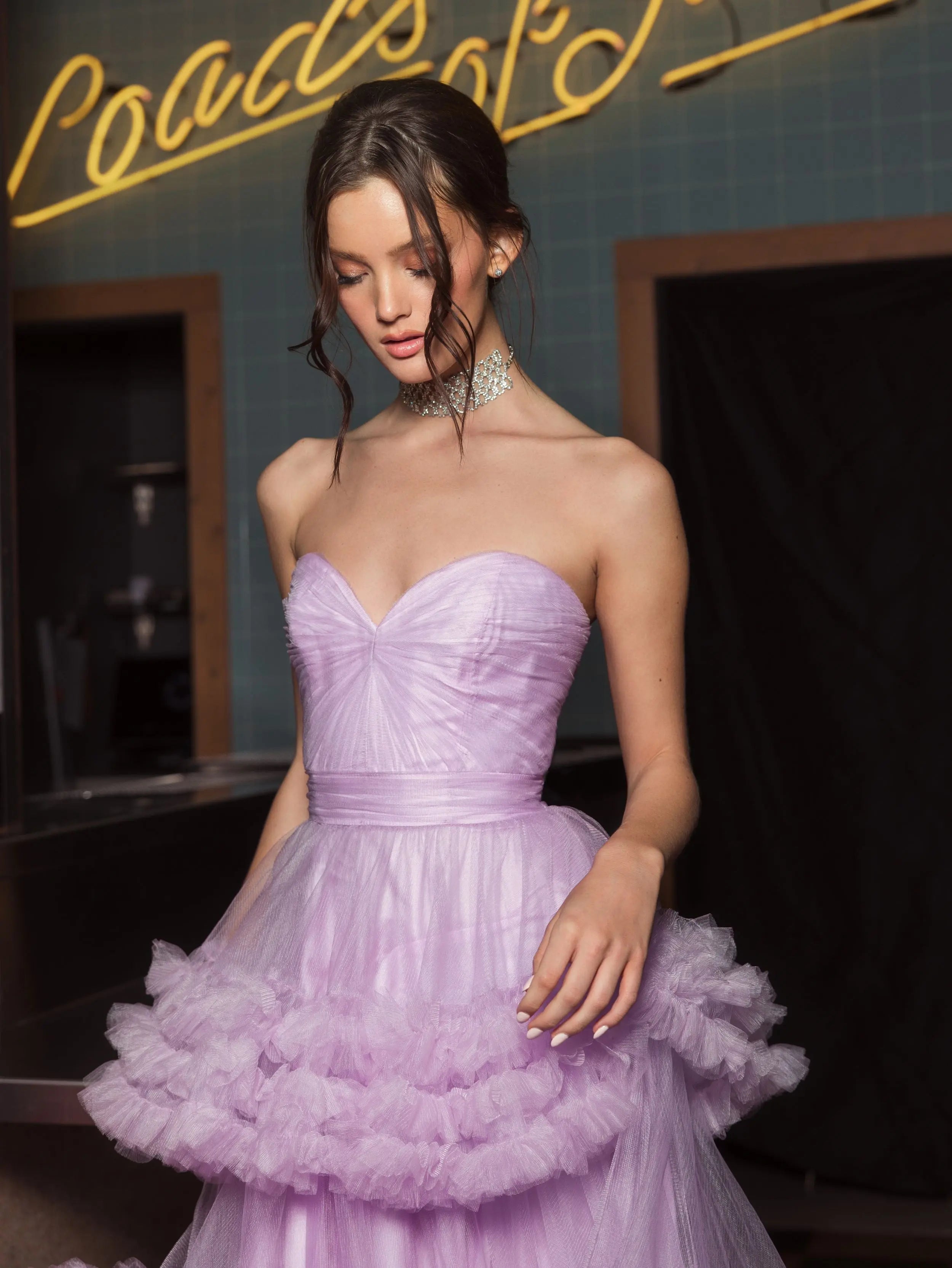 Purple Strapless Ruffle Tulle Tiered Gown