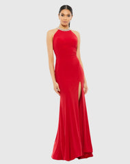 Red Beaded Halter Jersey Gown