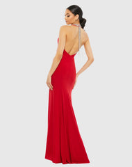 Red Beaded Halter Jersey Gown