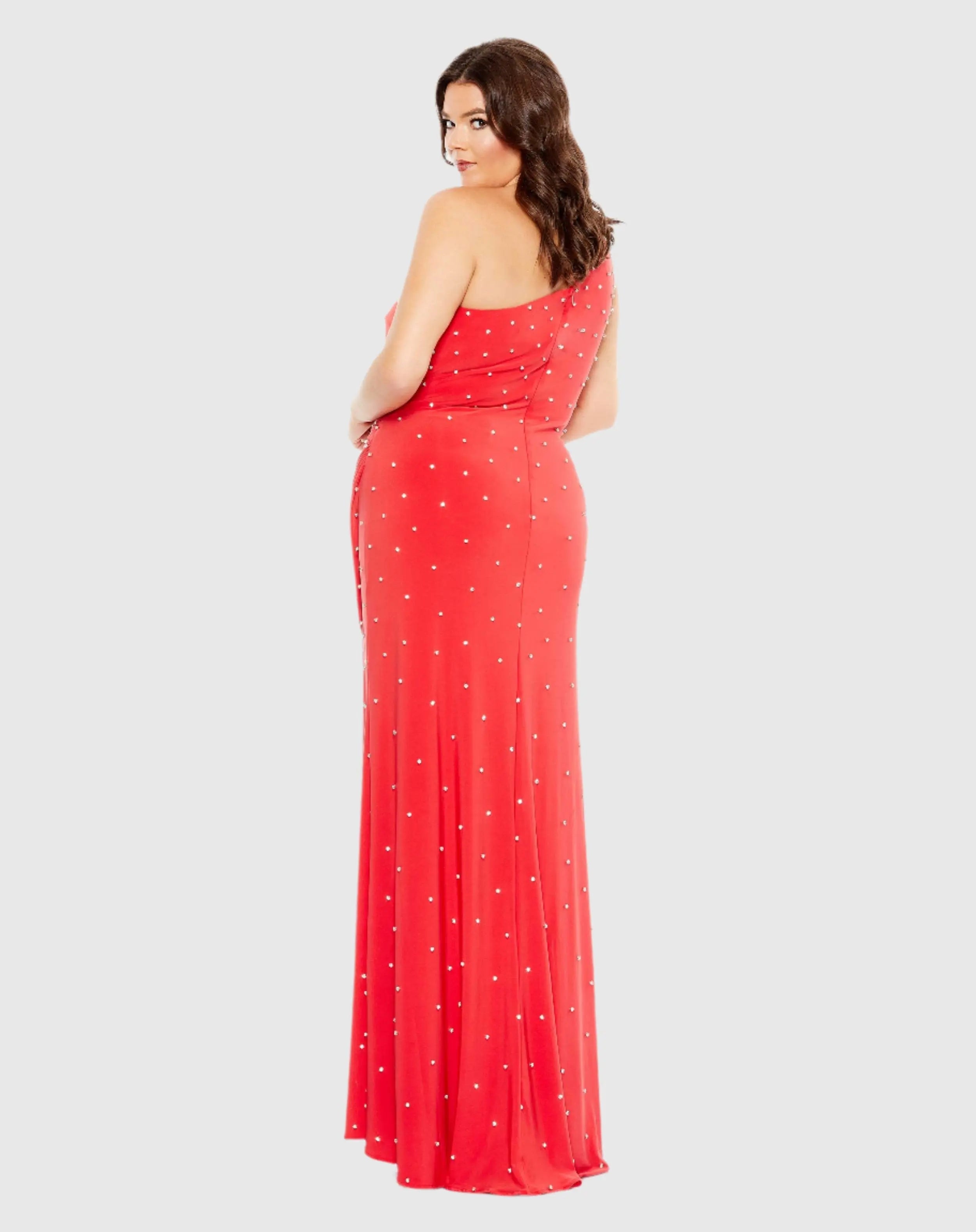 Red Jewel Encrusted Draped One Shoulder Gown (Plus)
