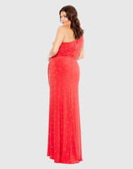Red Jewel Encrusted Draped One Shoulder Gown (Plus)