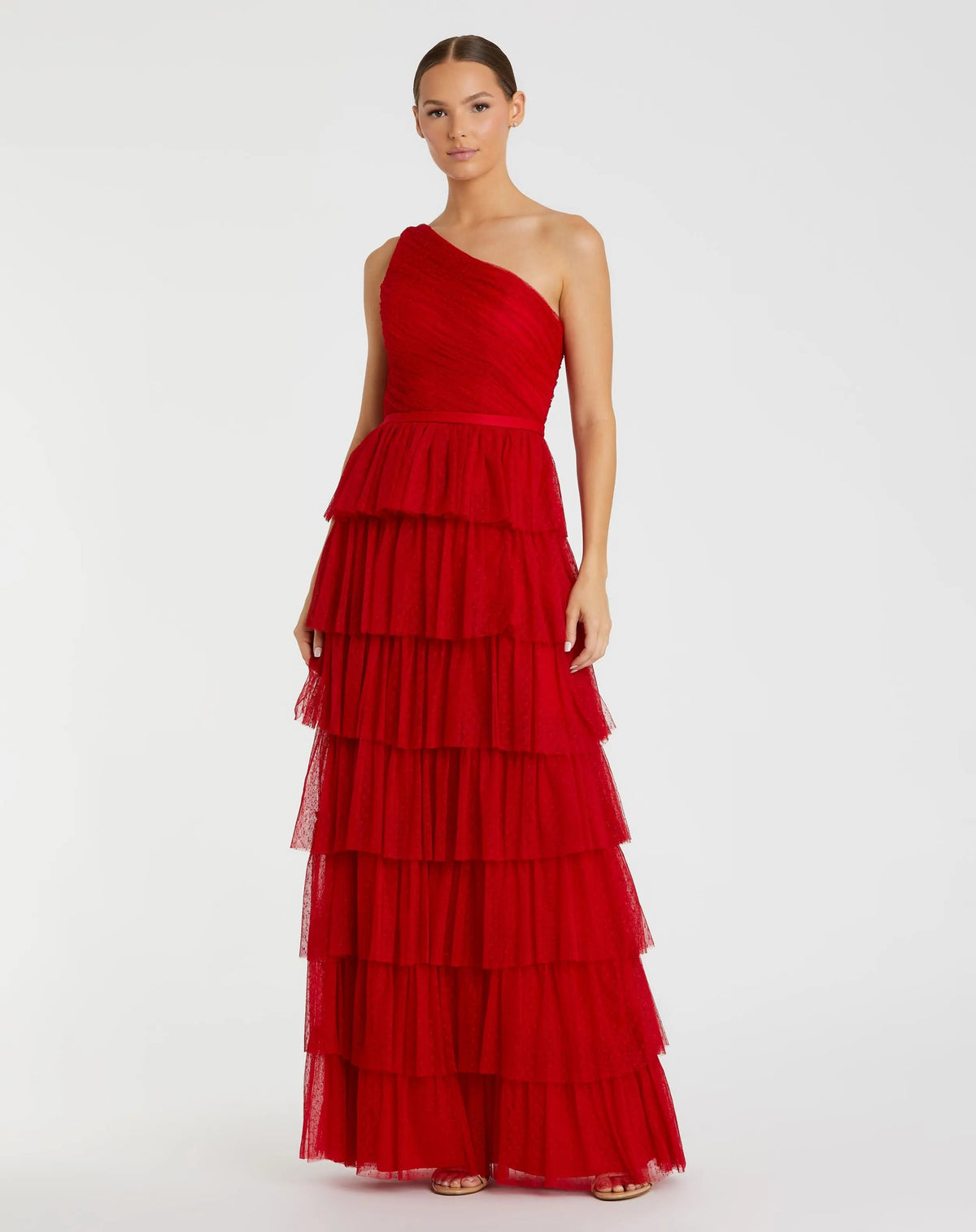Red One Shoulder Layered Tiered Tulle Gown