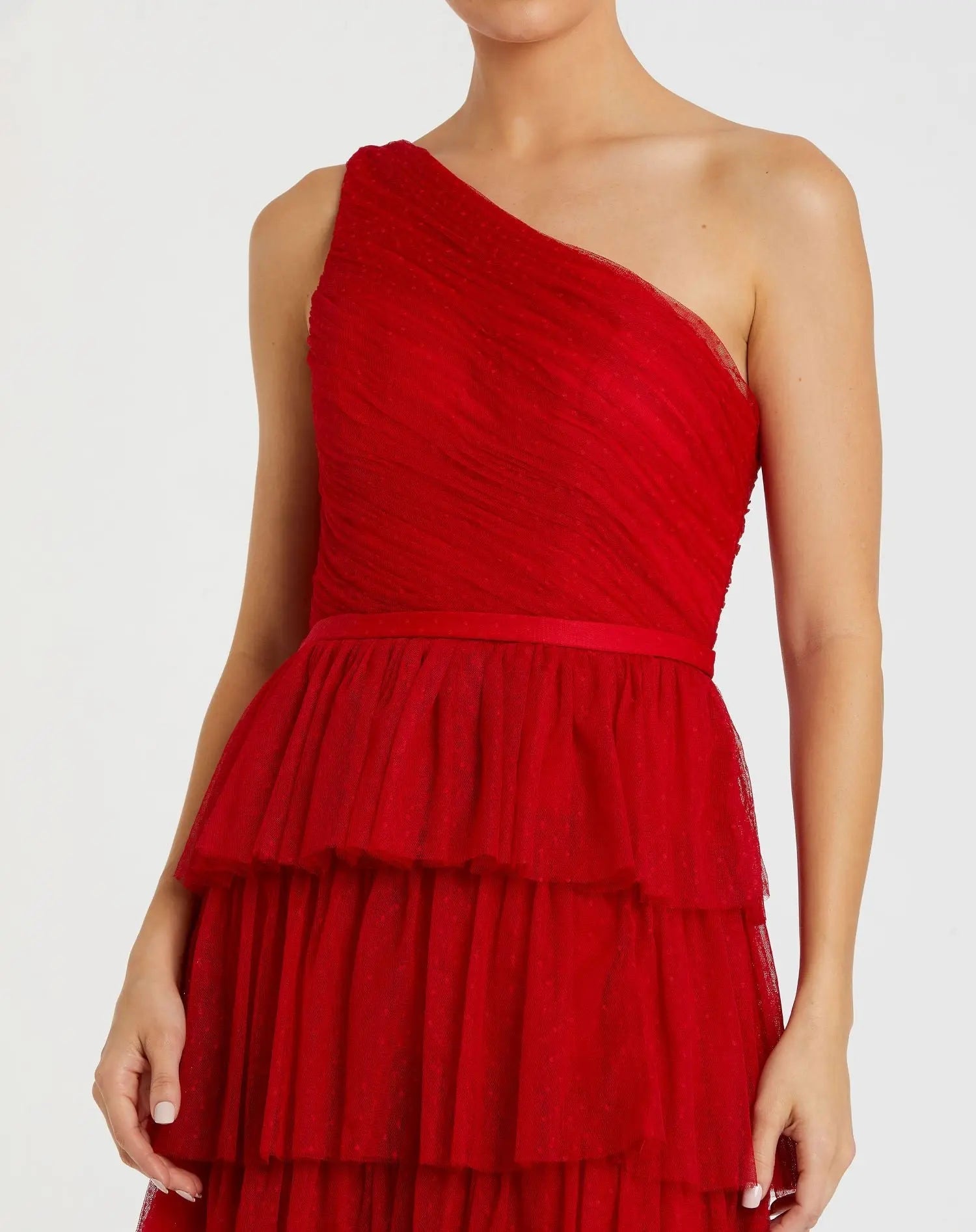 Red One Shoulder Layered Tiered Tulle Gown