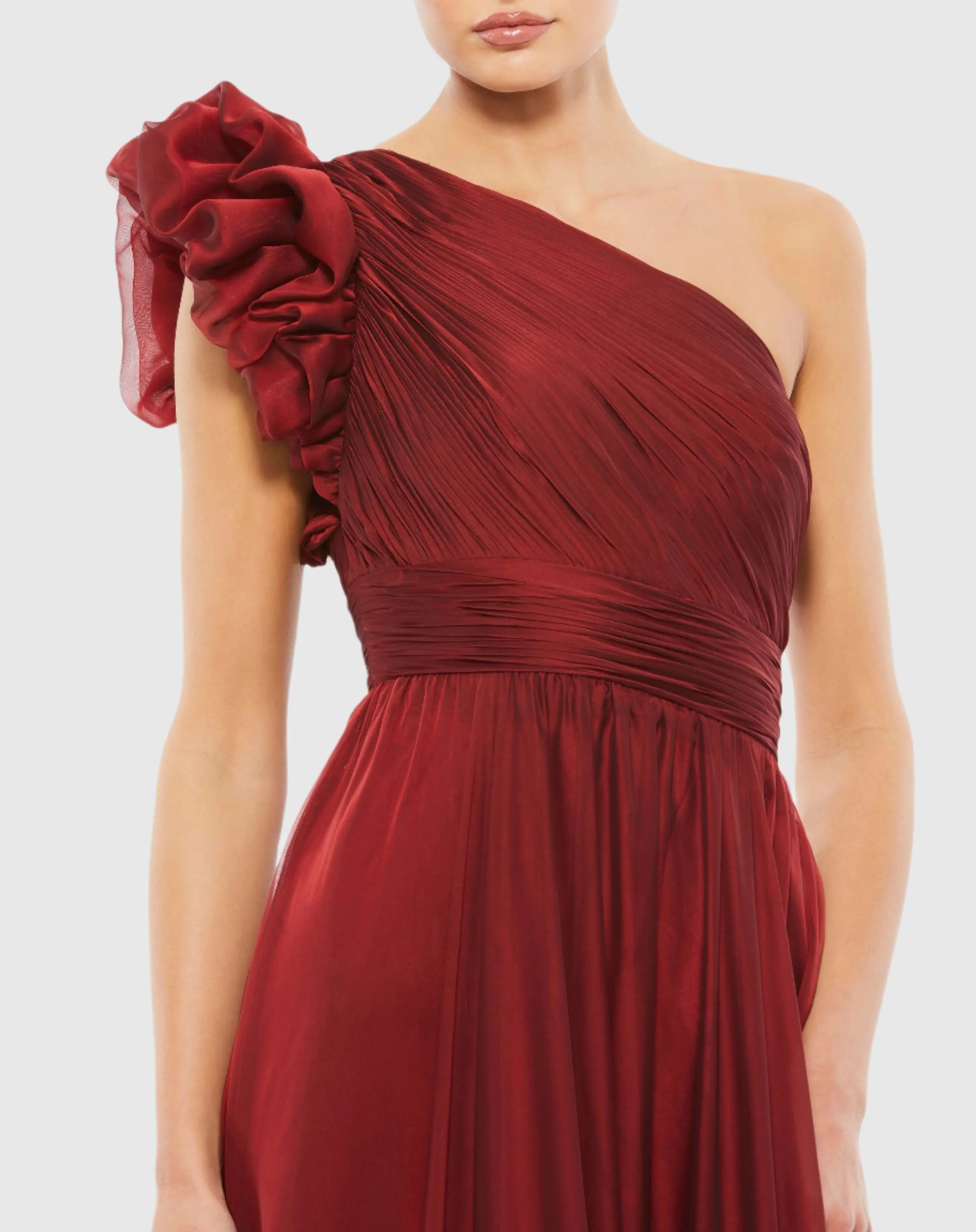 Red Organza One Shoulder Pleated Gown