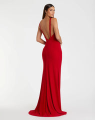 Red Plunge Neck High Slit Gown