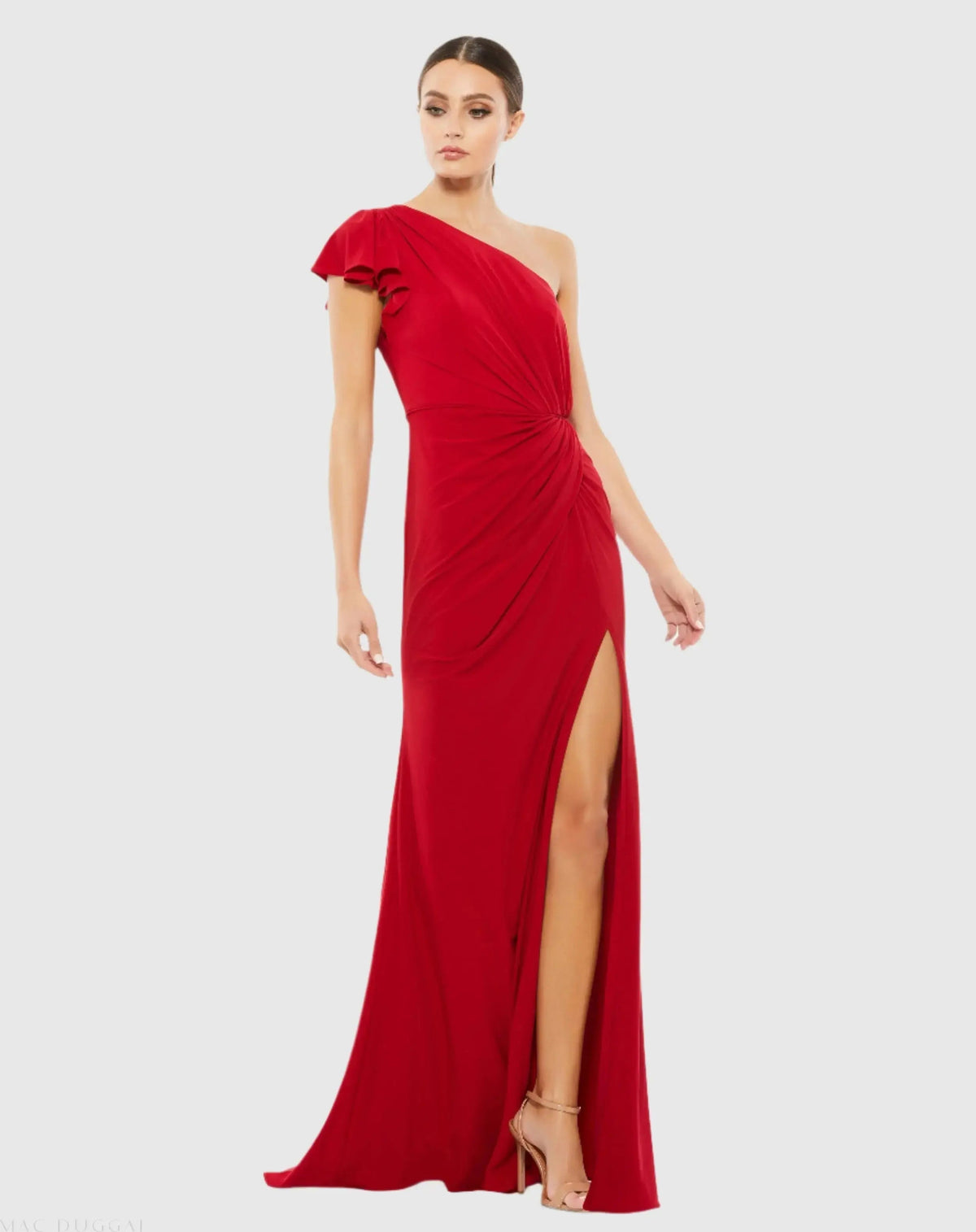 Red Ruffled One Shoulder Draped Gown