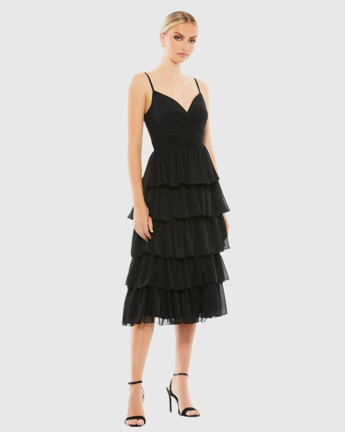 Black Ruffle Layered V-Neck Midi Dress