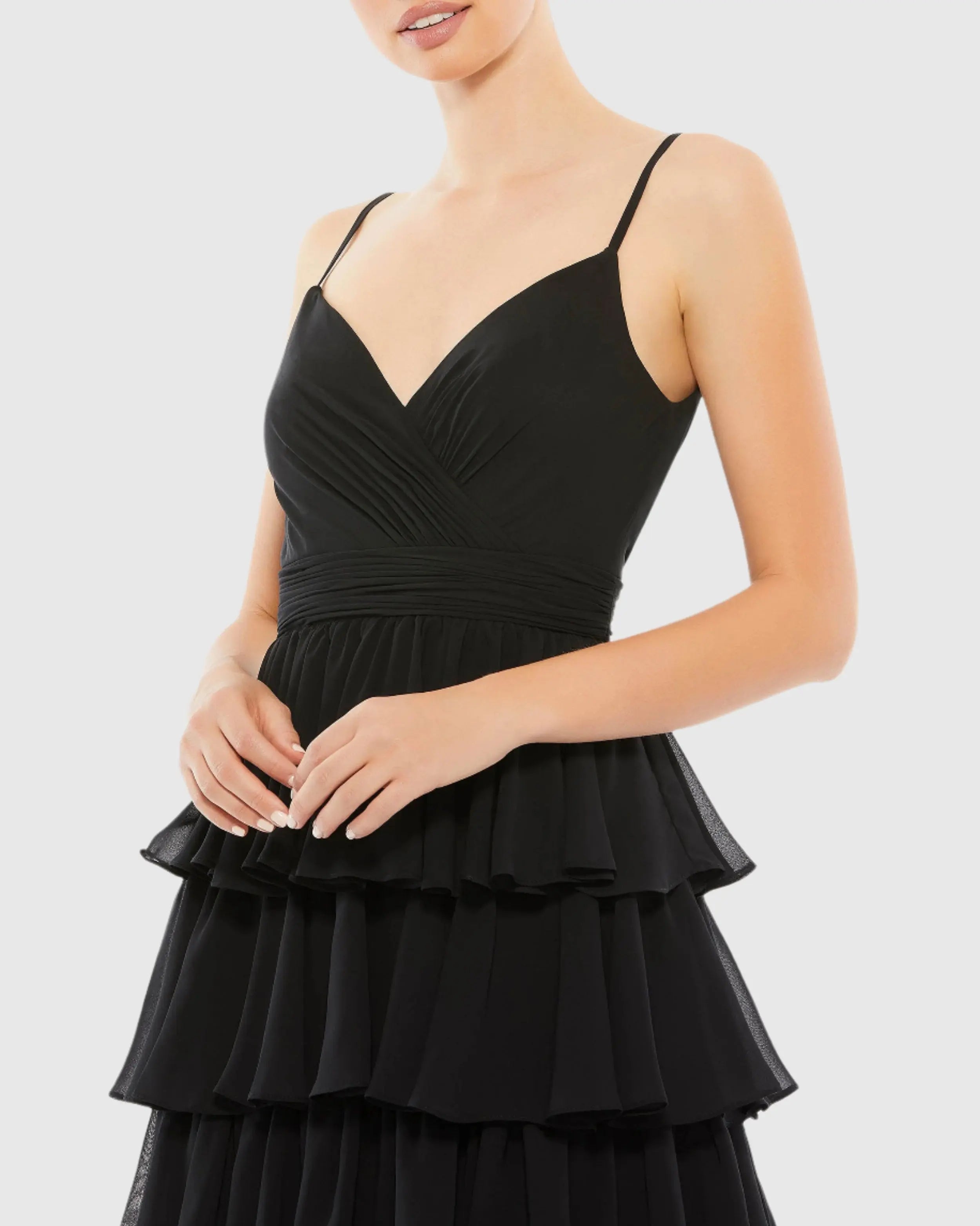 Black Ruffle Layered V-Neck Midi Dress