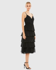 Black Ruffle Layered V-Neck Midi Dress