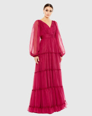 Pink Ruffle Tiered Puff Sleeve A Line Gown