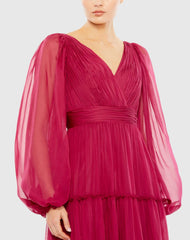 Pink Ruffle Tiered Puff Sleeve A Line Gown