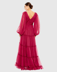 Pink Ruffle Tiered Puff Sleeve A Line Gown