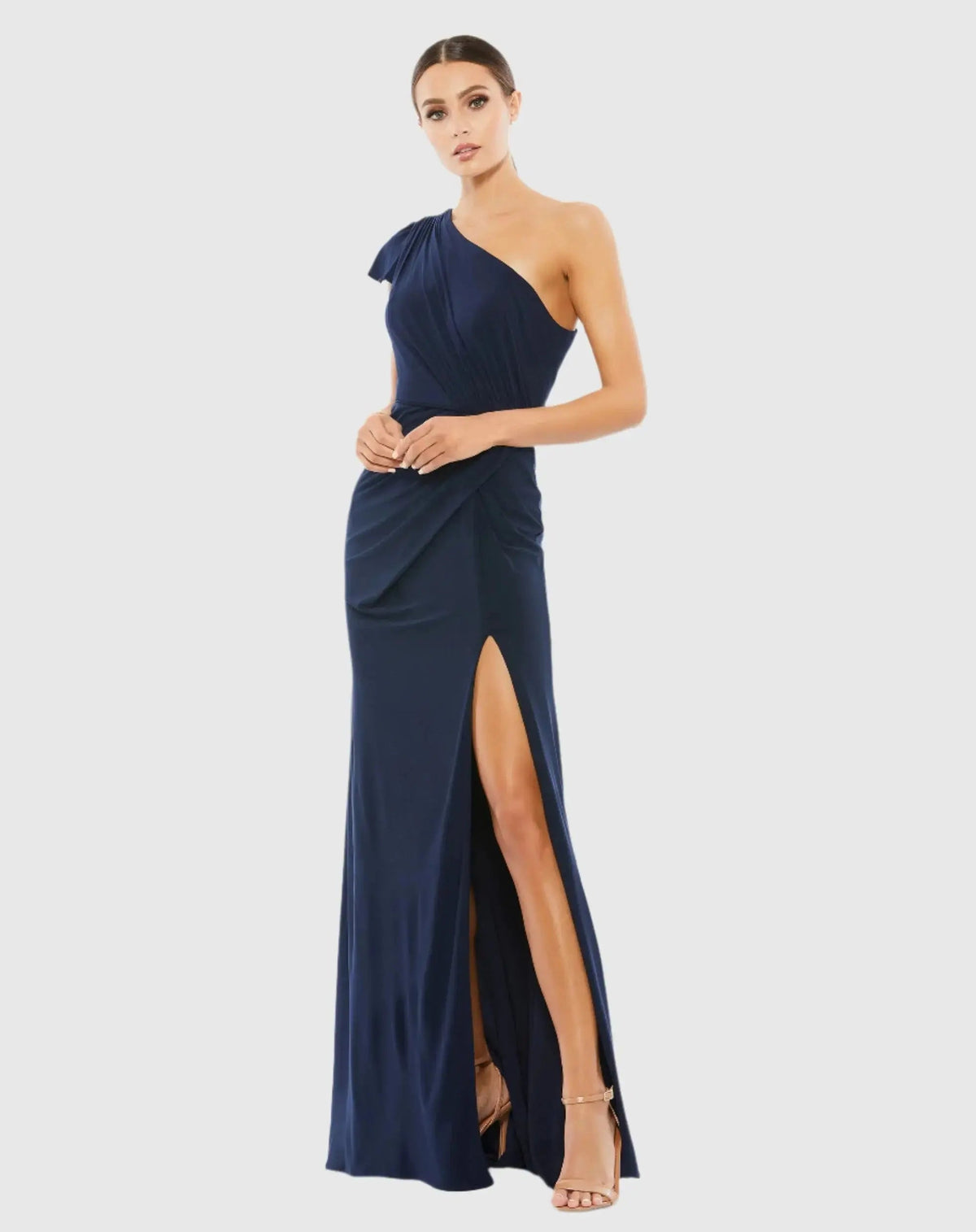 Navy Ruffled One Shoulder Draped Gown