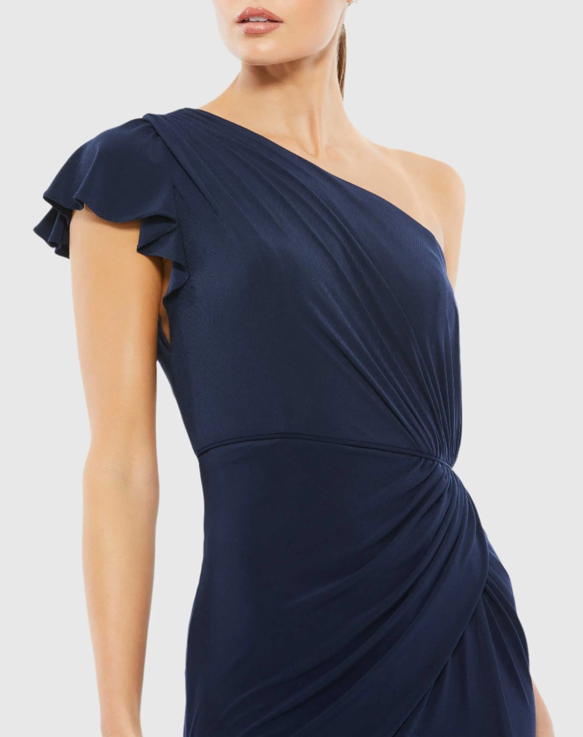 Navy Ruffled One Shoulder Draped Gown
